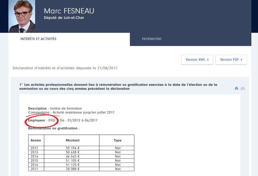 Extrait de la d&eacute;claration d&rsquo;int&eacute;r&ecirc;t de Marc Fesneau, sur le site de la Haute autorit&eacute; pour la transparence de la vie publique