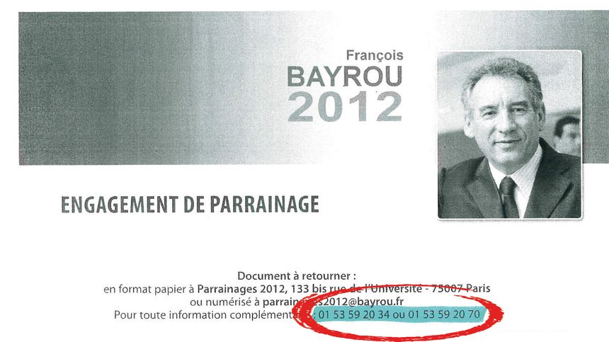 Engagement de parrainage de Fran&ccedil;ois Bayrou en 2012 &agrave; destination des &eacute;lus